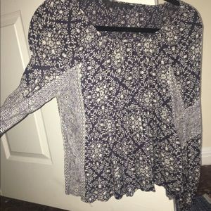 Peach blue floral pattern long sleeve blouse
